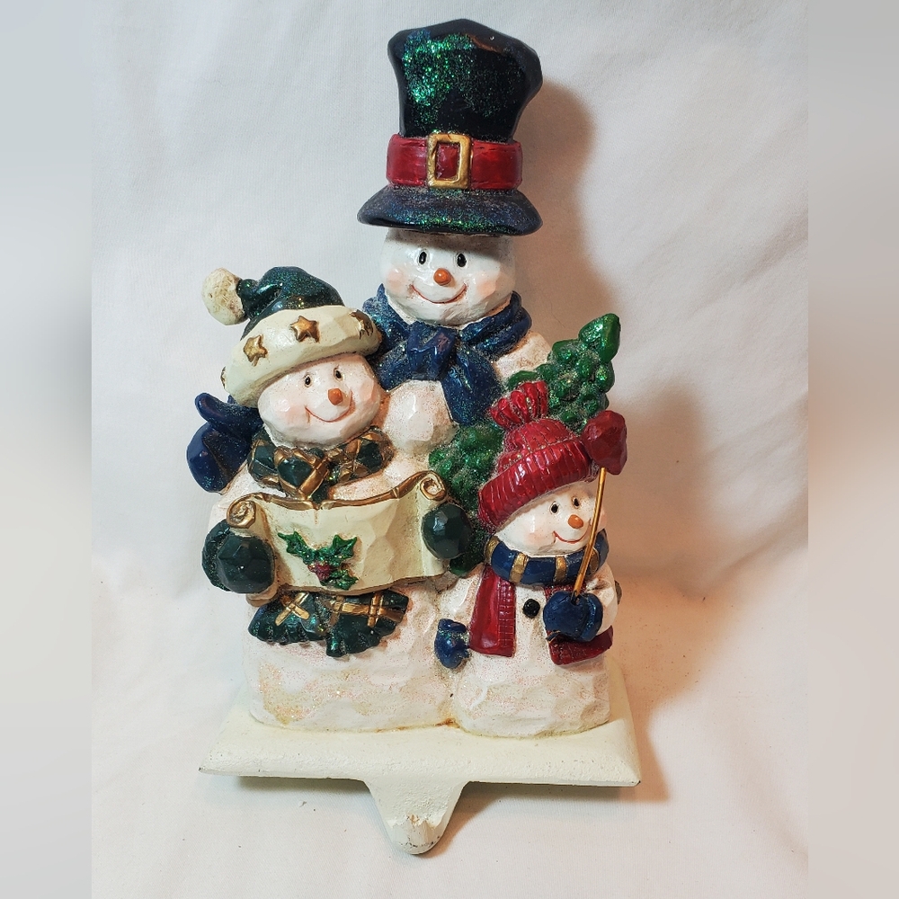 Cherish The Memories Vtg Snowman Family Ceramic Christmas Stocking Hanger Holder